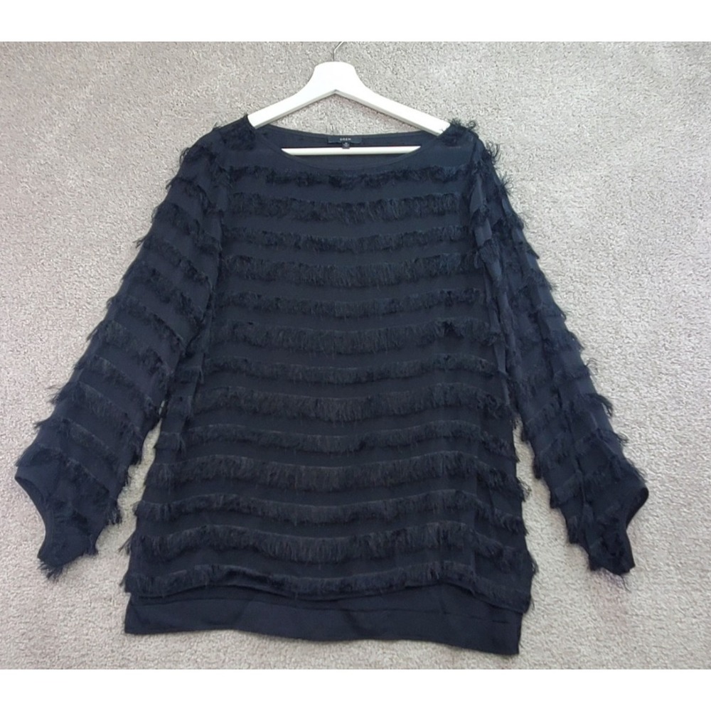 Anthropologie Drew Blouse Top Women Medium Black Tiered Fringe Layered Boat Neck